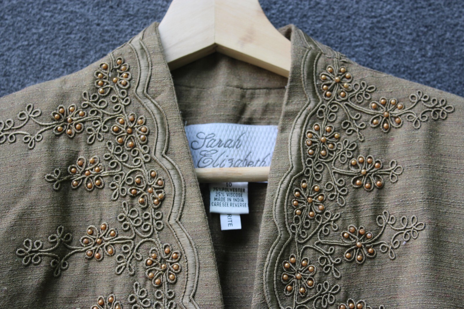Sarah Elizabeth Olive Vintage Jacket Blazer Embroidery Size 10 Indian Style