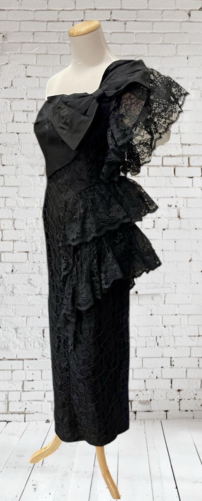 Vtg Climax Karen Okada David Howard Lace Black One Shoulder Bow Party Prom 3/4