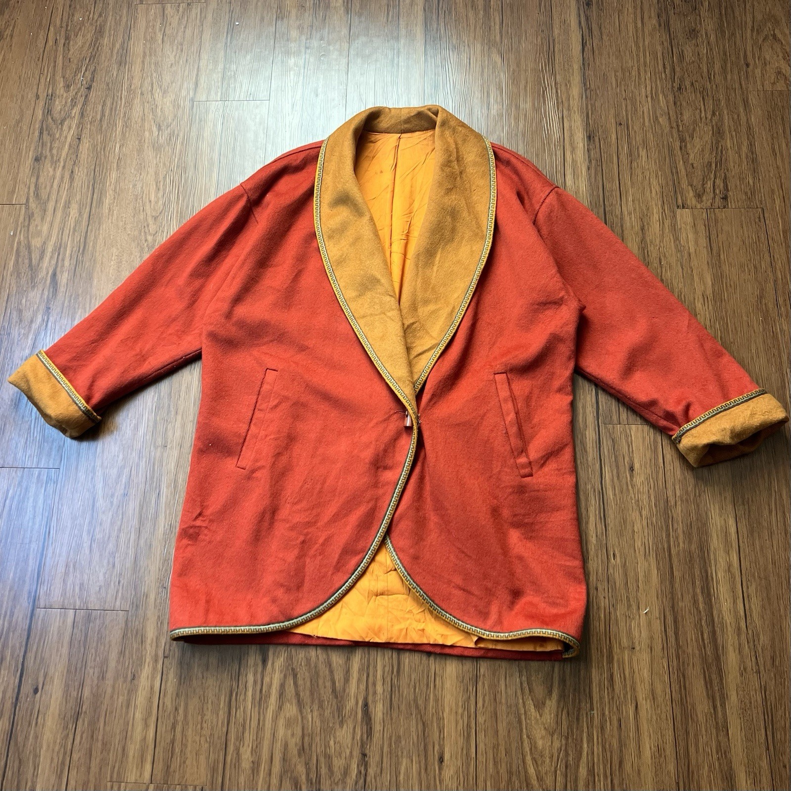 Vintage 60s 70s Wool Blend Coat Jacket Orange Yellow Trim Mod Hippie FLAWS READ