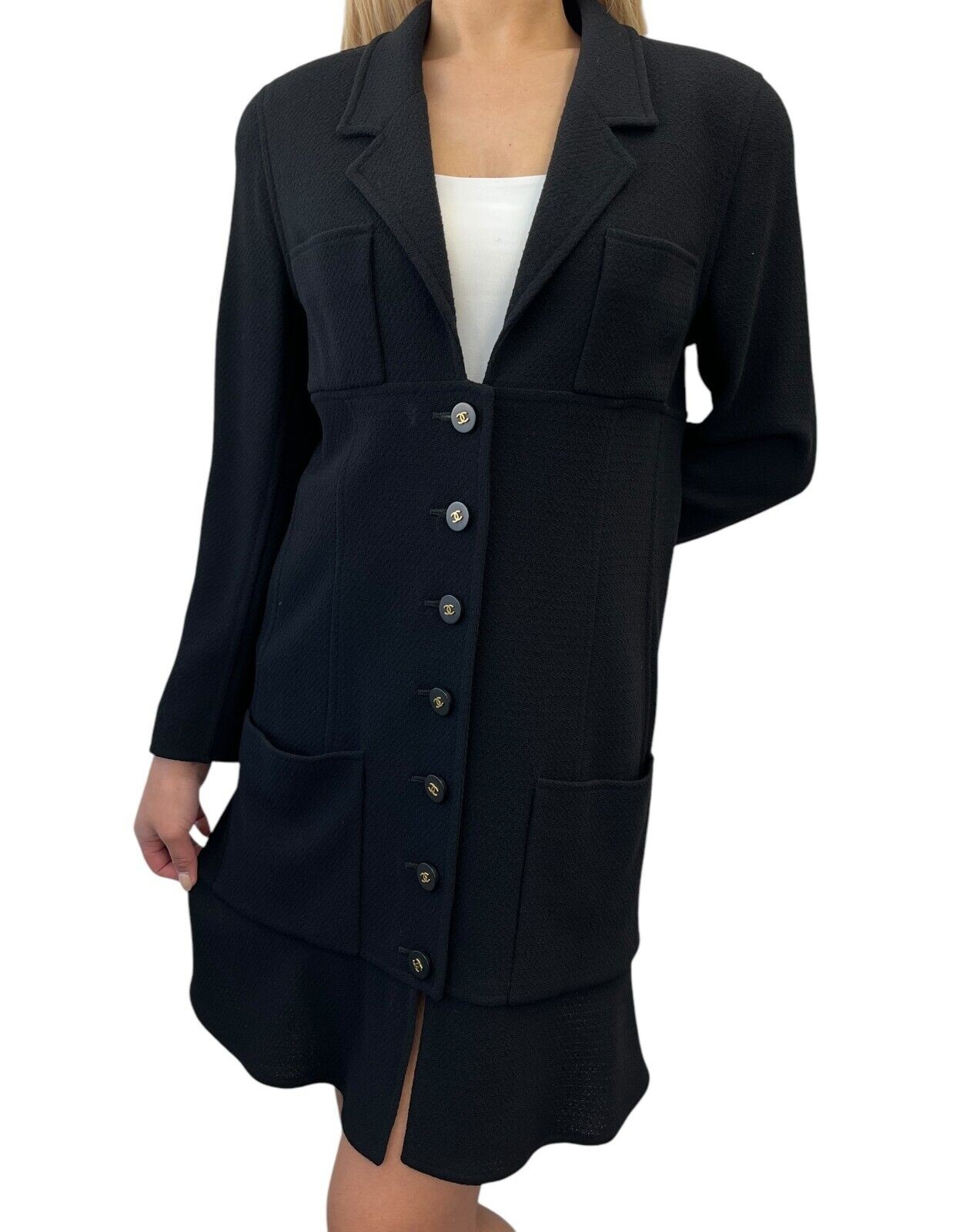 CHANEL Vintage CC Logo Button Long Jacket Top Black Gold Wool Pocket Collar