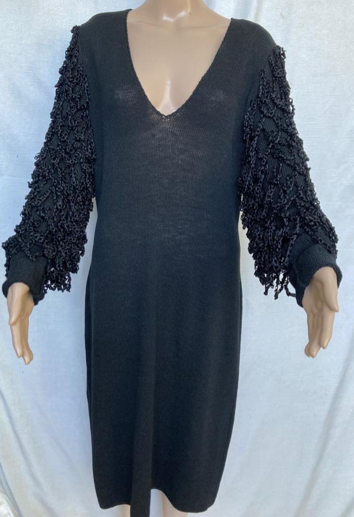 Milton Ford Sweater Dress Midi Shaggy Unique Sleeves Crochet Knit Shoulder Pads