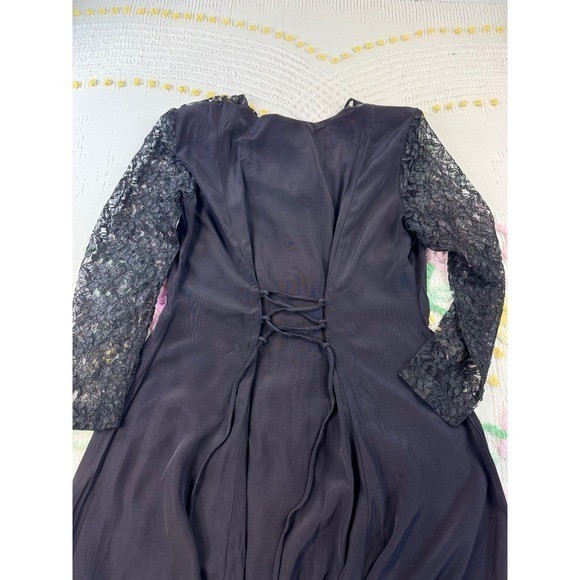 Vintage Jody California Black Lace Sleeve Maxi Dress Pearl Button Corset Back 13