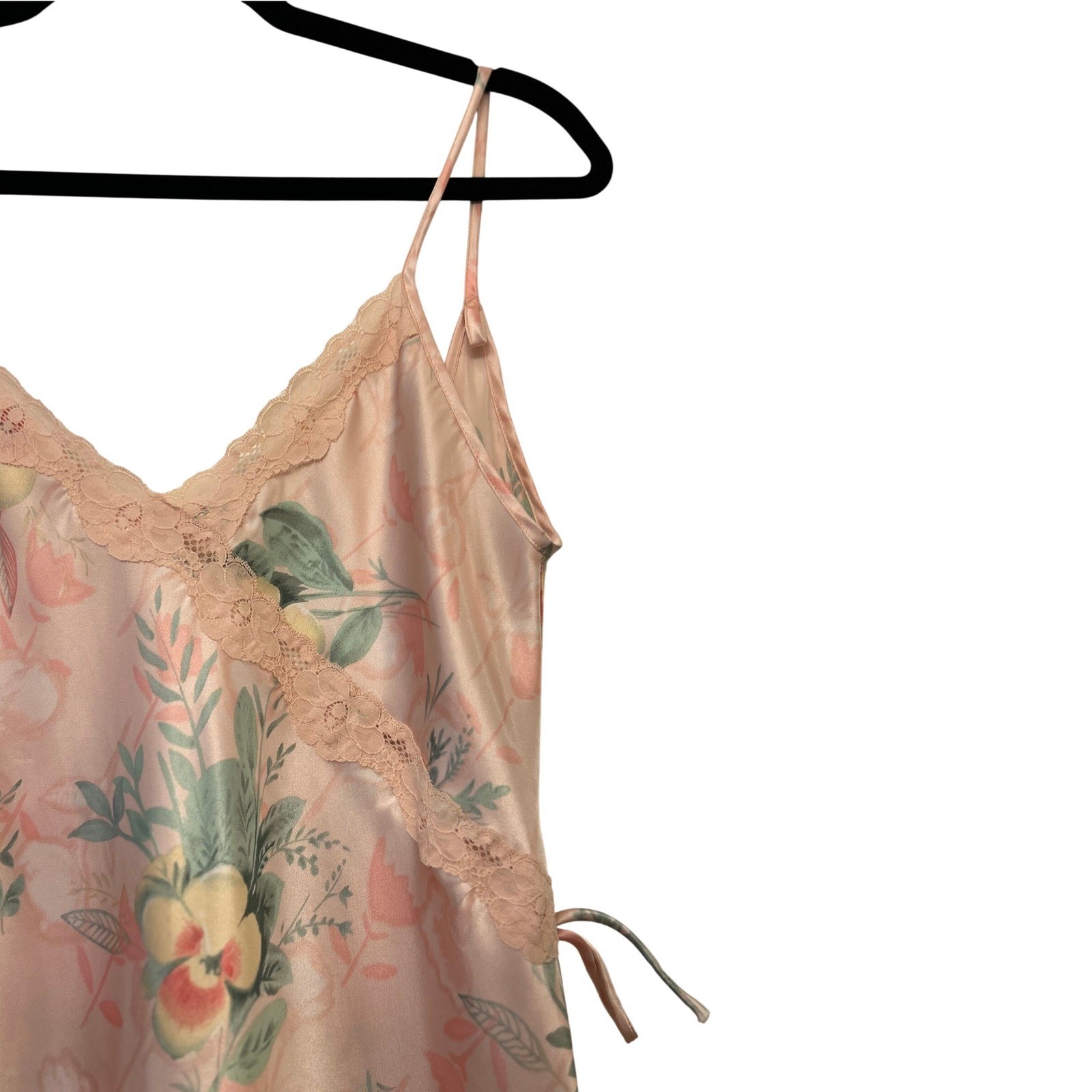 Vintage 90s Pink Floral Satin Slip Dress XS Open Back Lace Mini Nightgown Fairy