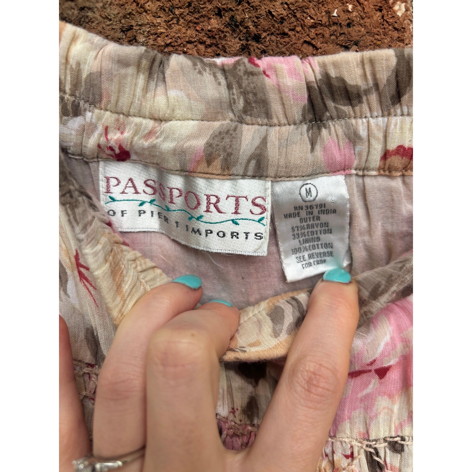 Vintage 1980s Passports Pier 1 Floral Skirt Pink Brown Rayon Cotton Boho Tiers