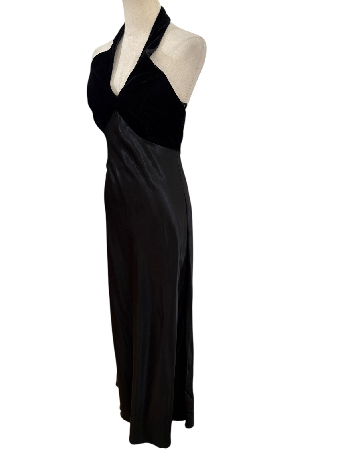 Vtg 90s LA Glo Black Velvet & Satin Halter Slip Maxi Gown Dress Sz 7 Glam Goth