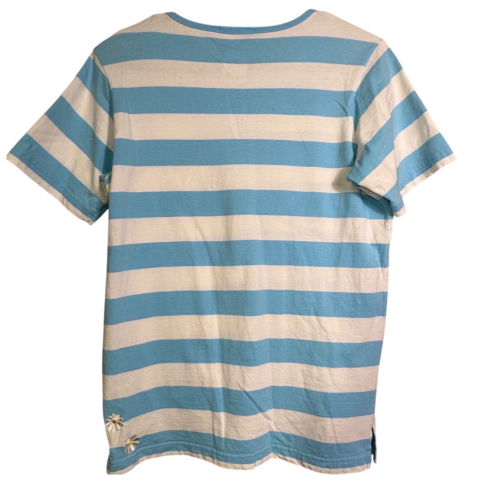 Vintage Quacker Factory Daisy Embroidered Sky Blue Striped Tee Small Cottagecore