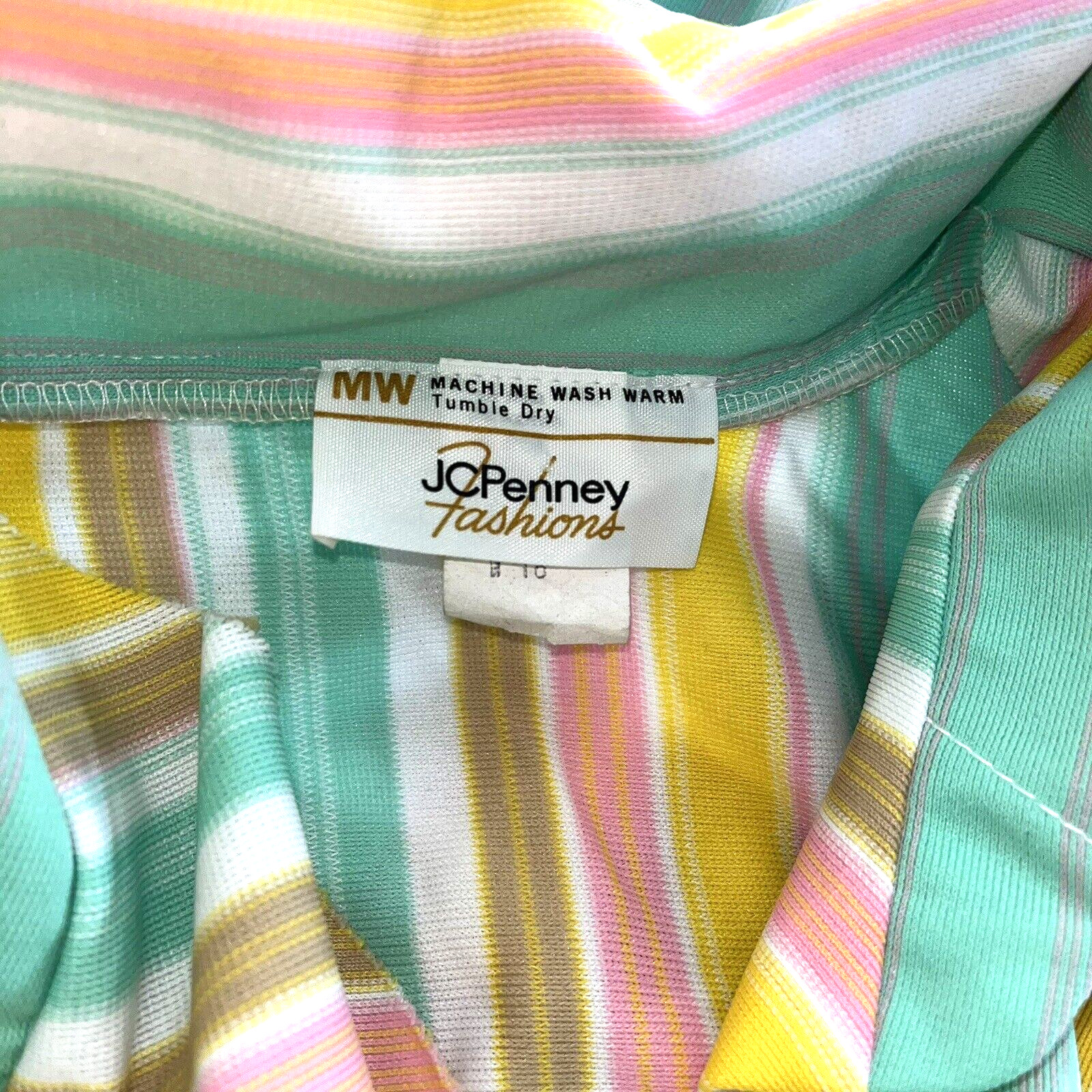Vtg Shirt 70s Polyester Top Collar Spring Pastel Stripes Pink Aqua Brown L XL 40