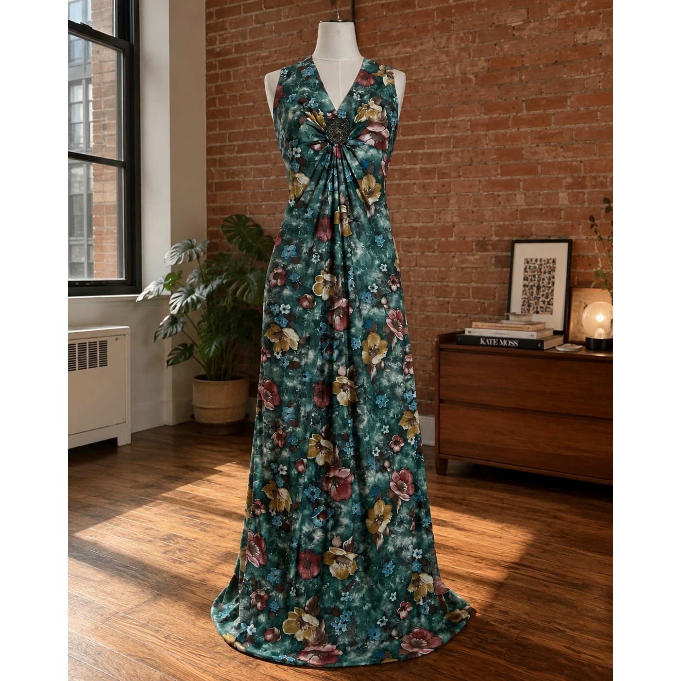 Vintage Floral Maxi Dress V-Neck Brooch Sleeveless 70s Retro Garden Chic Boho