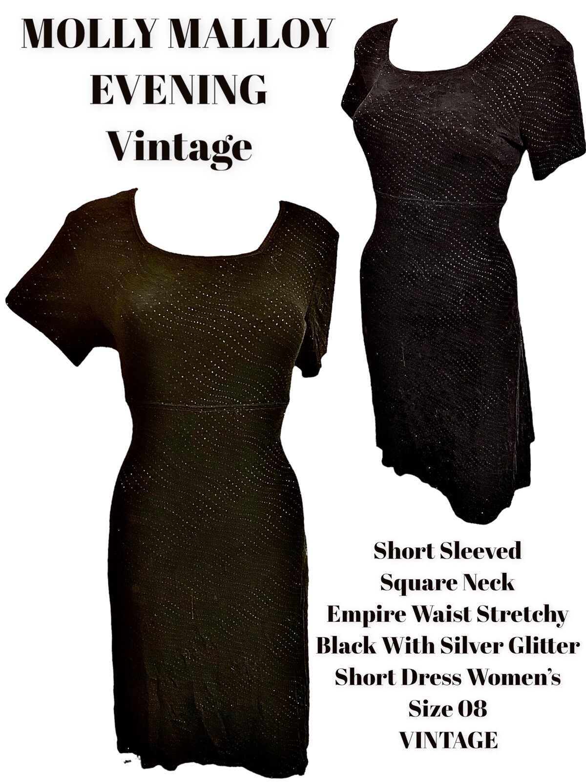 MOLLY MALLOY EVENING Short Sleeve Stretch Black Glitter Short Dress Women 8 VTG