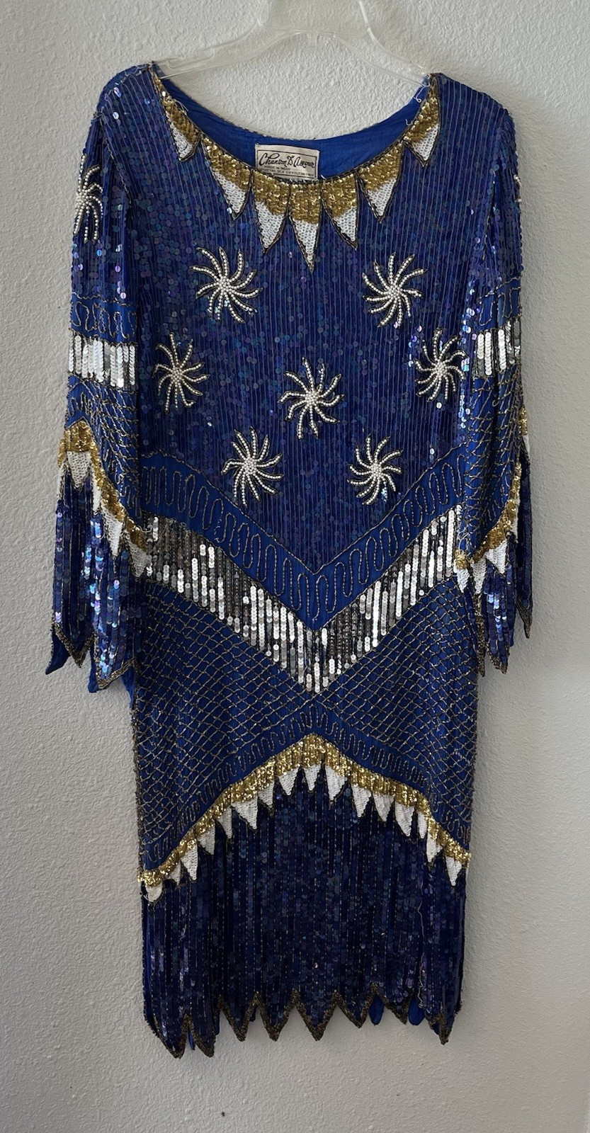Vintage 80’s Chanson D’Amour Womens Flapper Dress 100% Silk Sequin Beaded Blue
