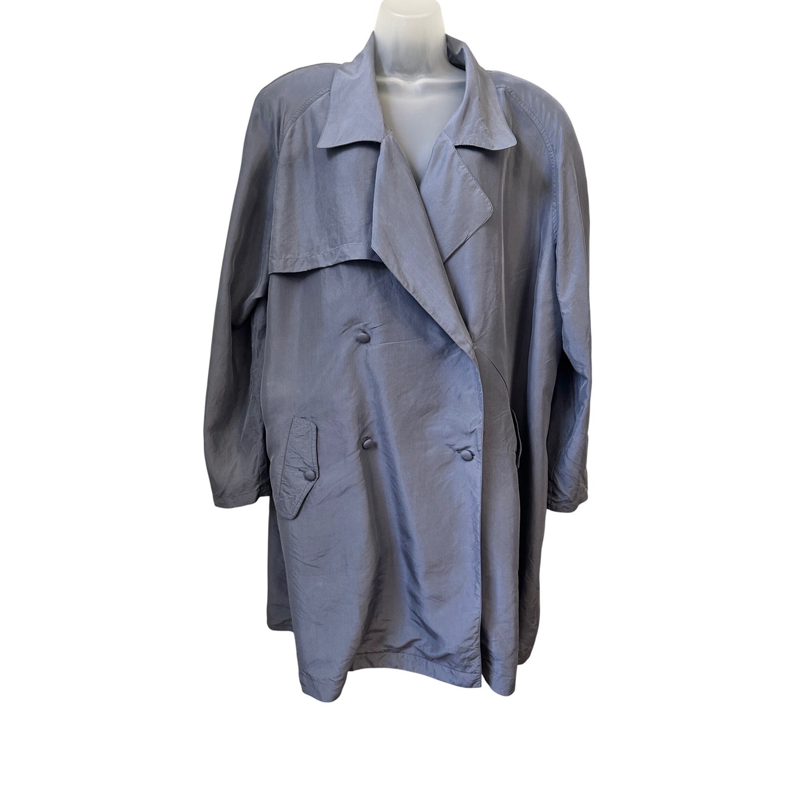 Selene Paris Vintage 100% Silk Trench Coat Gray Double Breasted Duster Large