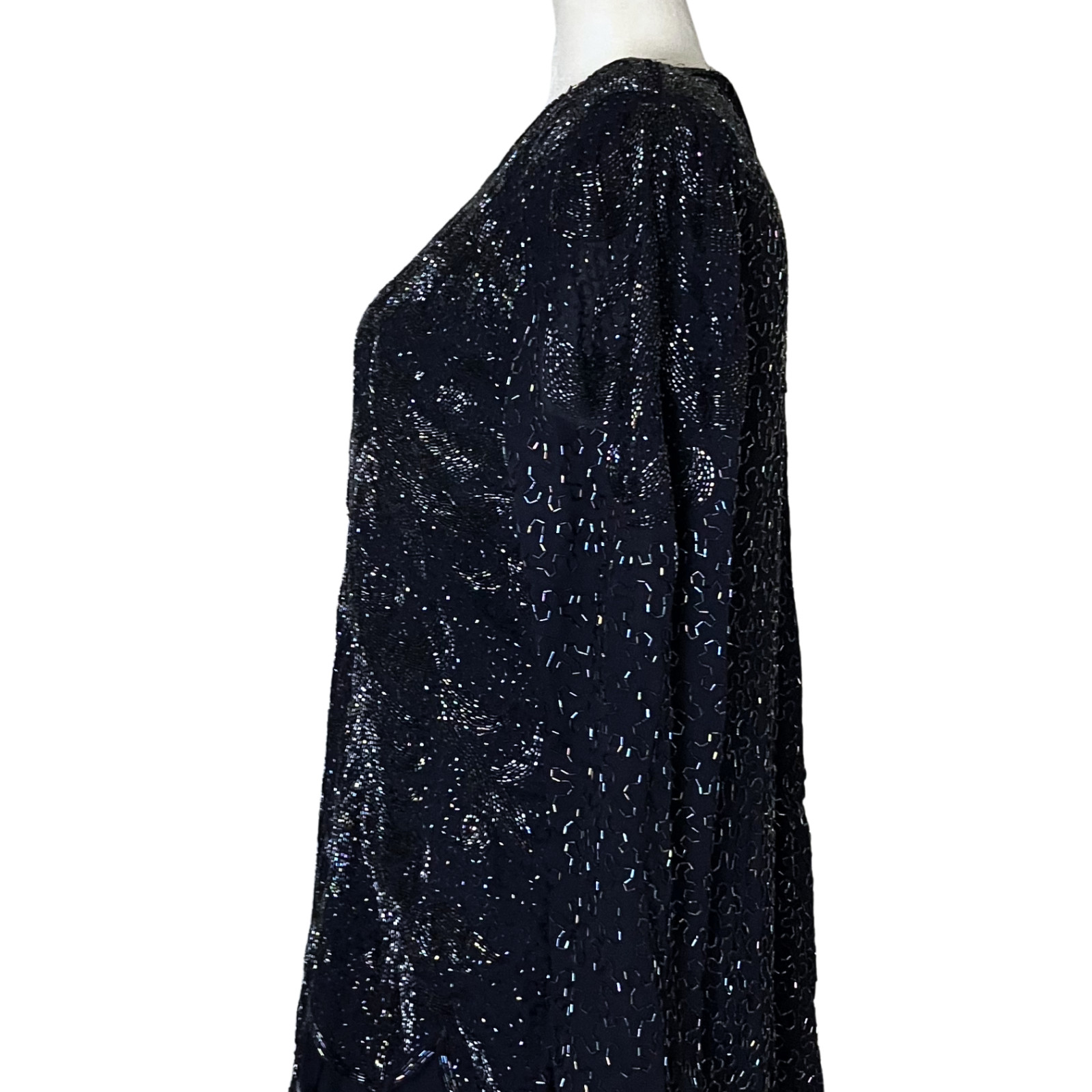 Vintage 80s 90s Navy Blue Beaded Formal Dress Long Sleeves. XL/XXL. Modest