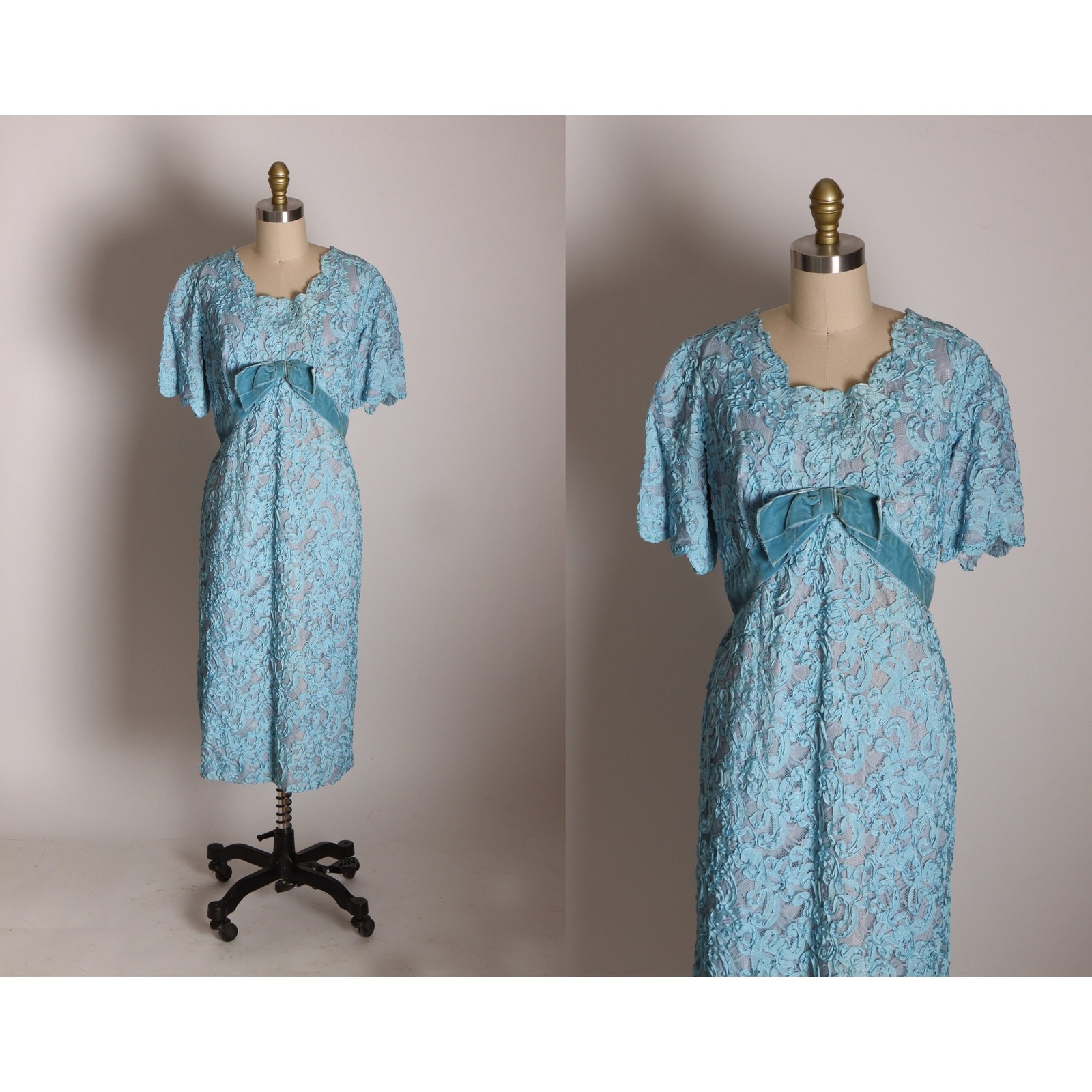 Early 1960s Blue Soutache Lace Formal Blue Velvet Bow Dress with Matching Jacket