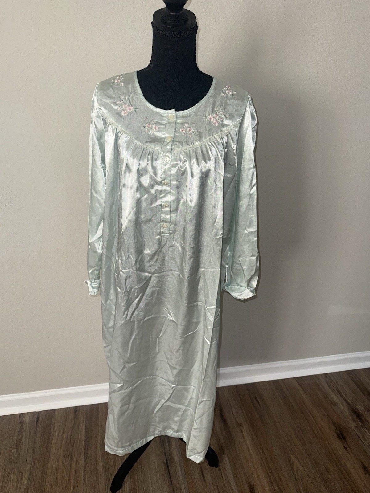 Fundamentals Vintage Nightgown Mint Green Floral Embroidered Satin Lingerie M