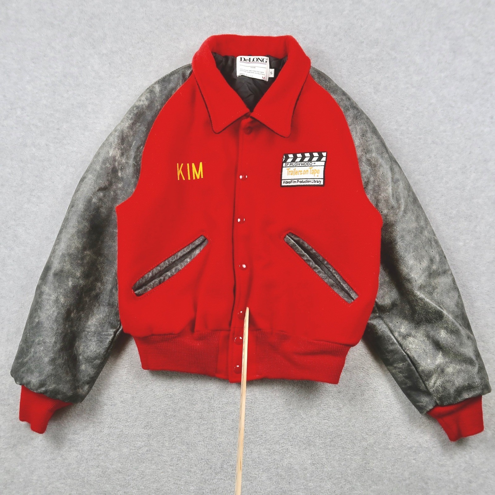 Vintage 90s Varsity Jacket Red Wool Trailers on Tape Hollywood USA Kim Small S