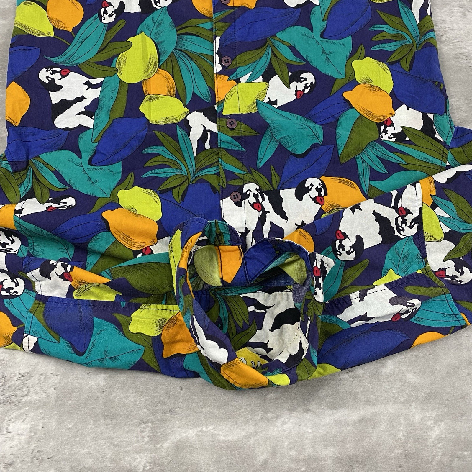 vintage 90s BIG DOGS womens button up shirt M Hawaiian Fruit Lemon Lime aop