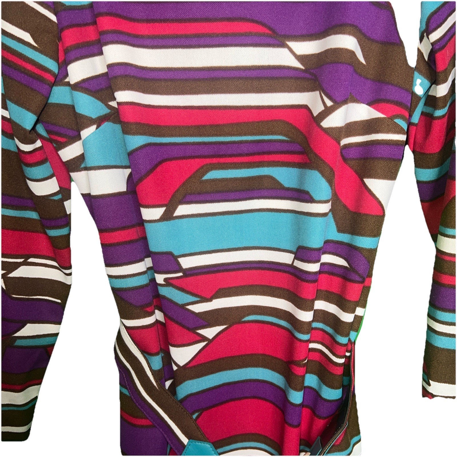 VTG 70’s Brown, teal, white and purple Sleeve Dress M/L Zip Front Midi