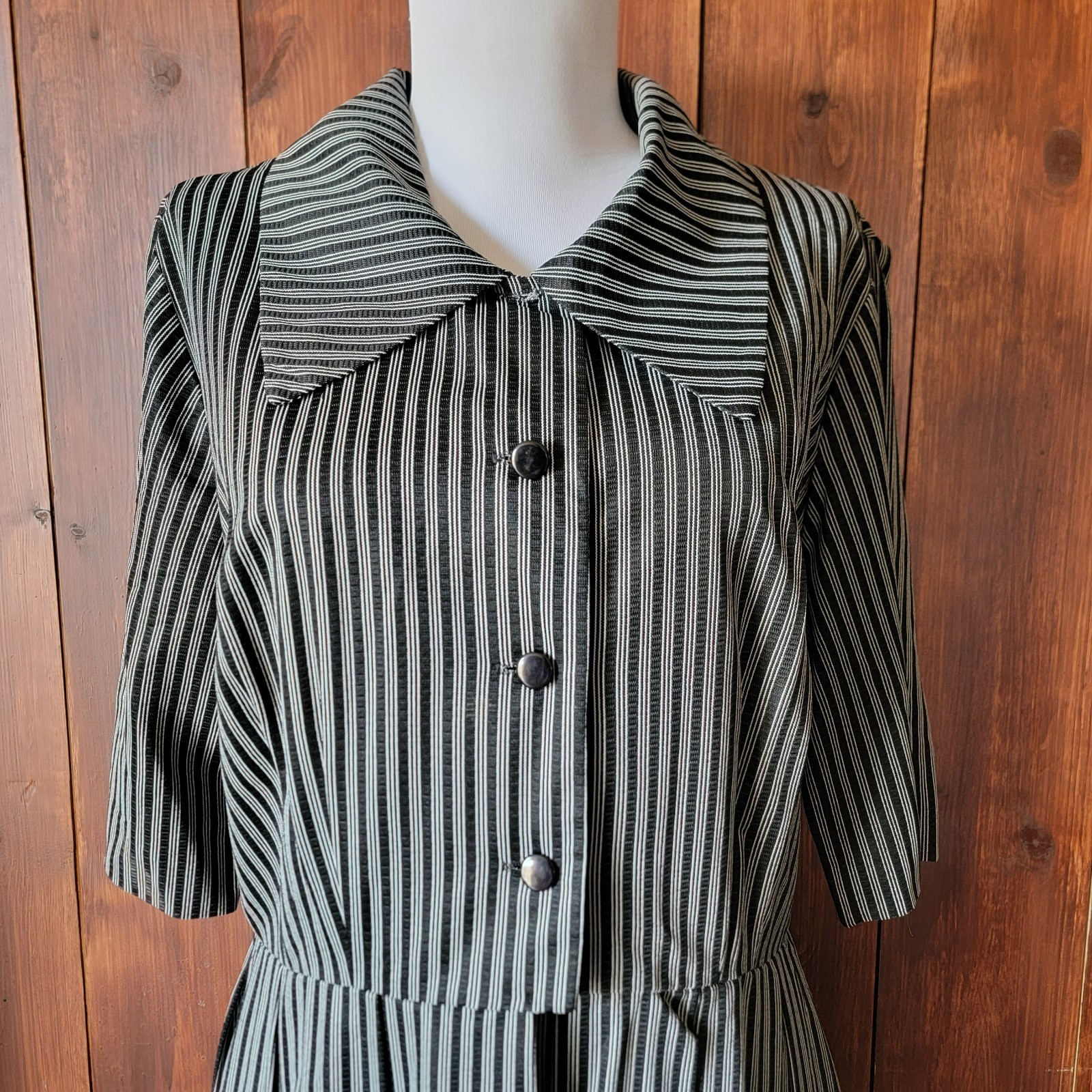 Vintage Miss Marilyn of Dallas 50s Black & White Striped Dress Collared Buttons