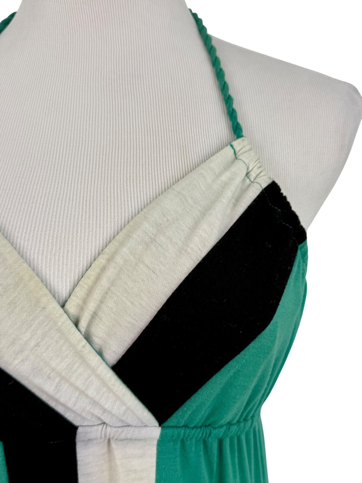 L8ter Vintage 90s Casual Green Gray Black Striped Color Block Halter Maxi Dress