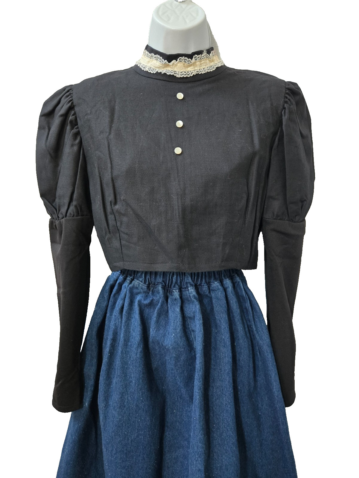 Vtg 50s 60s Handmade Victorian Style Black Shirtwaist Leg-O-Mutton Sleeves M?