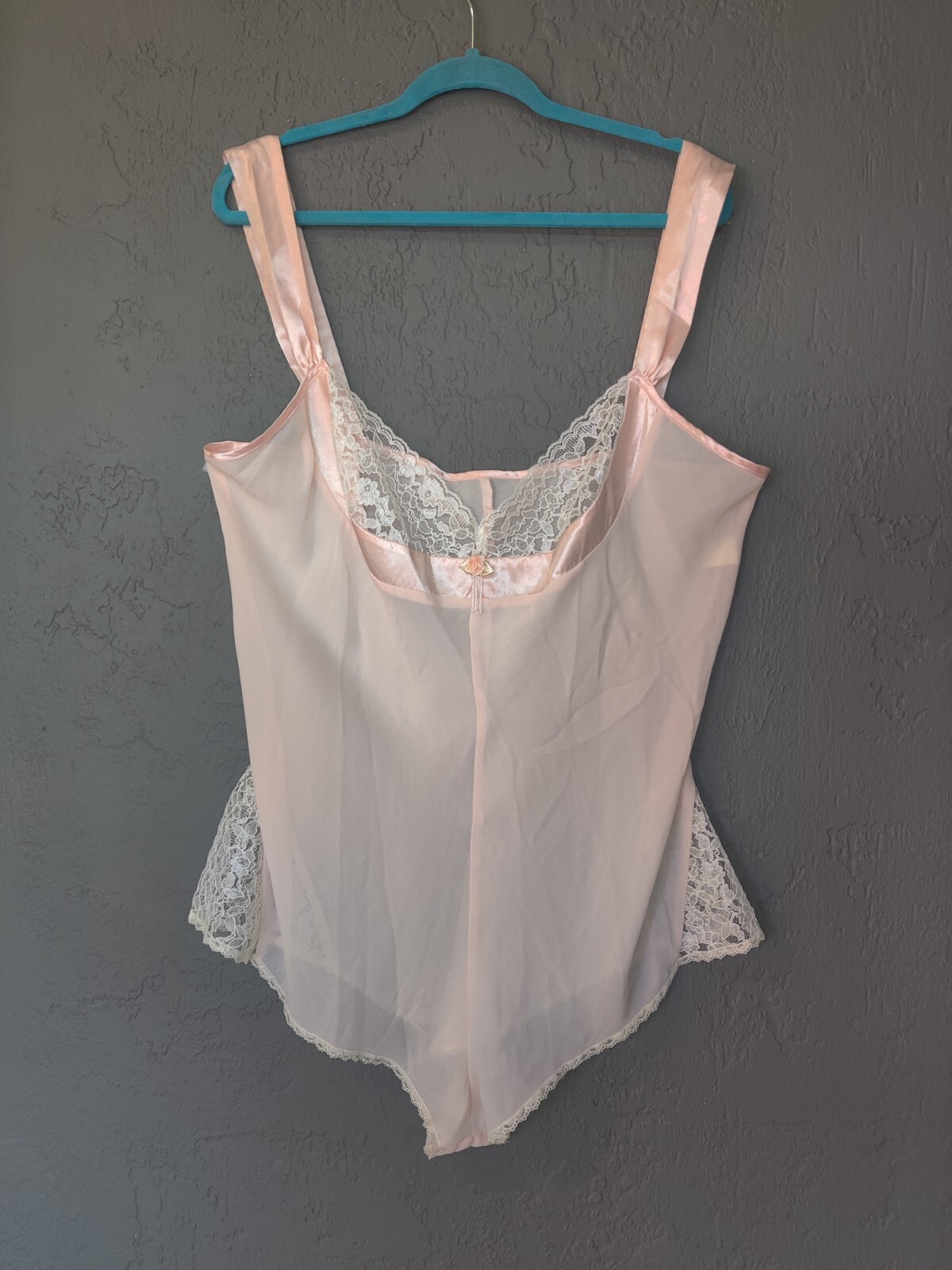 Vintage Peachy Pink Lace Chiffon Teddy Bodysuit Romper Size 2X Snap Bottom EVC