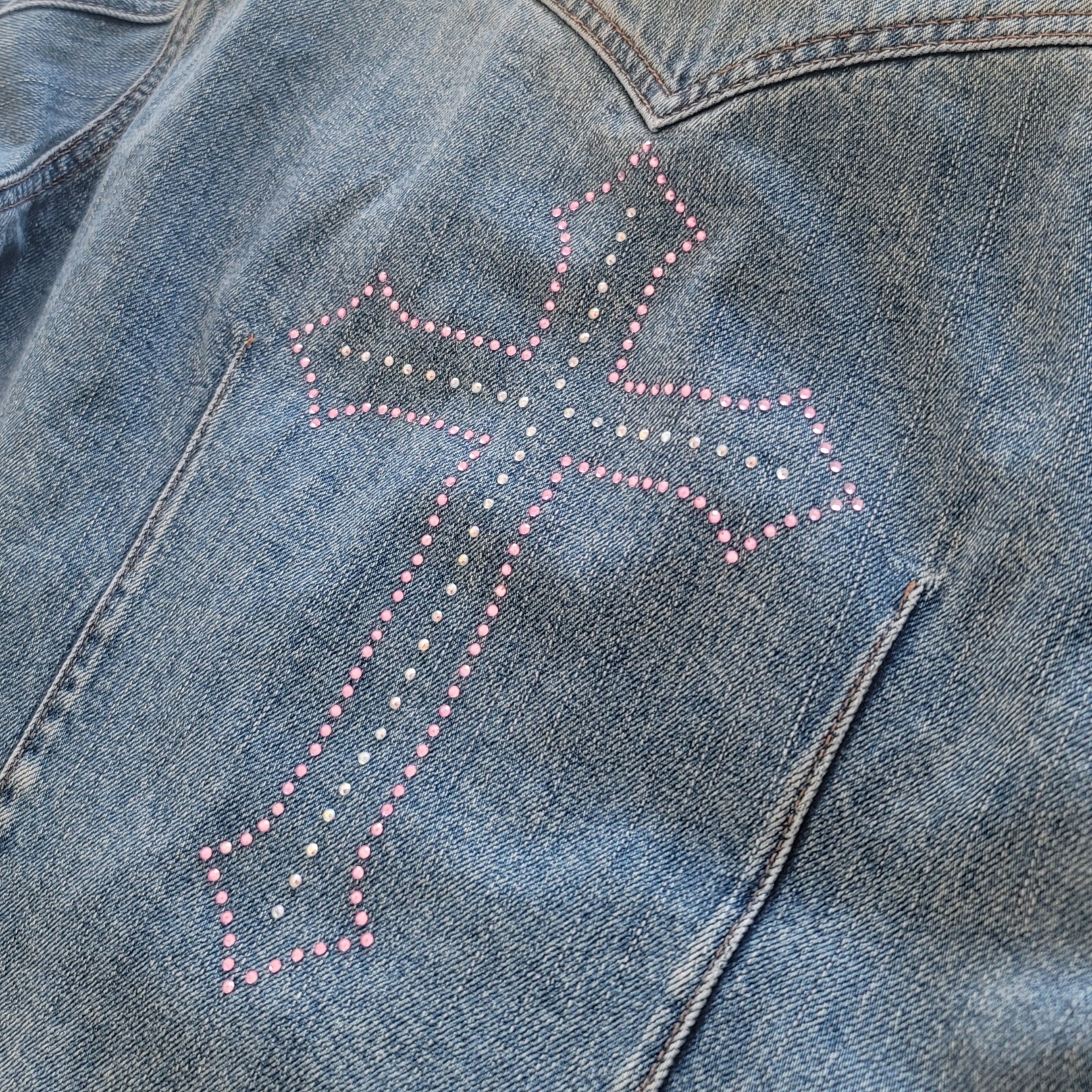 Vintage Y2K Upcycled Redone Custom Bling Gothic Cross Western Jean Jacket Medium