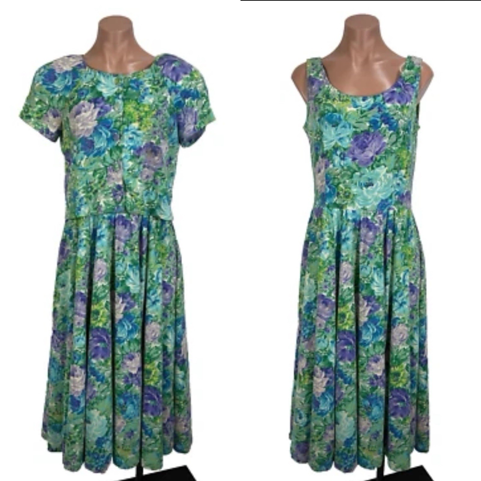 Vintage Expo Dress 80s Floral Sundress Puff Sleeve Cardigan Set Cottagecore Sz 8
