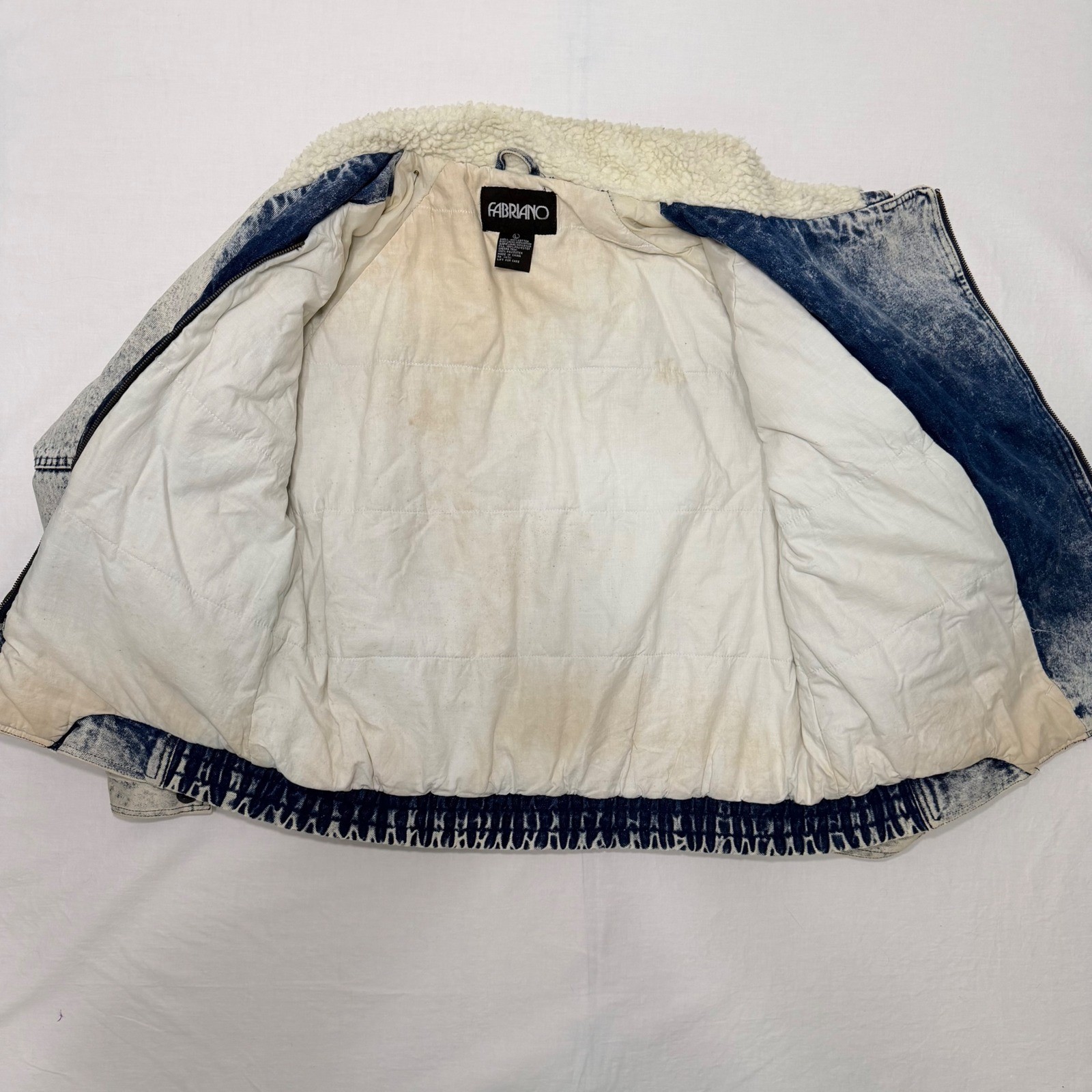 Vintage 80s Fabriano Acid Wash Denim Sherpa Bomber Jacket Womens L Cropped 90s