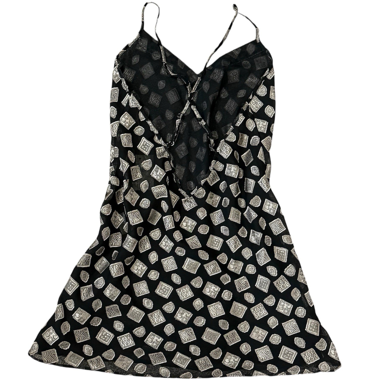VTG 1995 Victoria’s Secret Script Label Slip Dress L Black Silver Geometric NWT