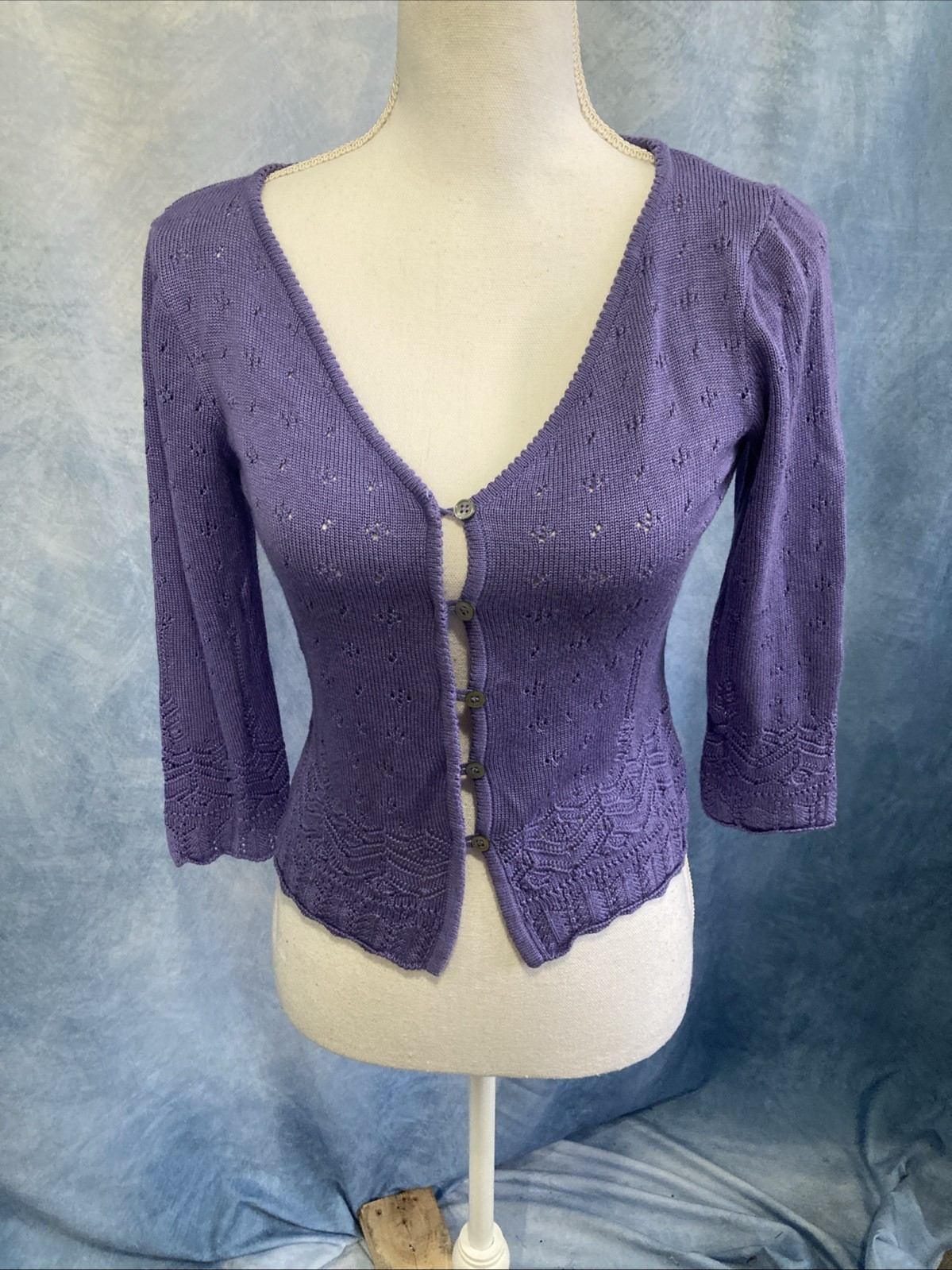 Vintage Laundry by Shelli Segal Purple Pointelle Cardigan 100% Rayon L Y2K 90s