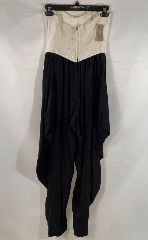 Vintage 80s D. Frank Strapless Smocked Jumpsuit White Black Gold Trim NWT Sz 8