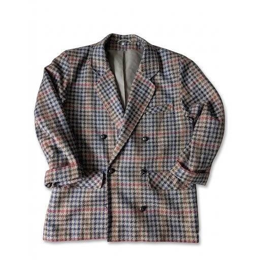 Vintage Pure New Wool Double Breasted Houndstooth Plaid Blazer Tan Blue Red