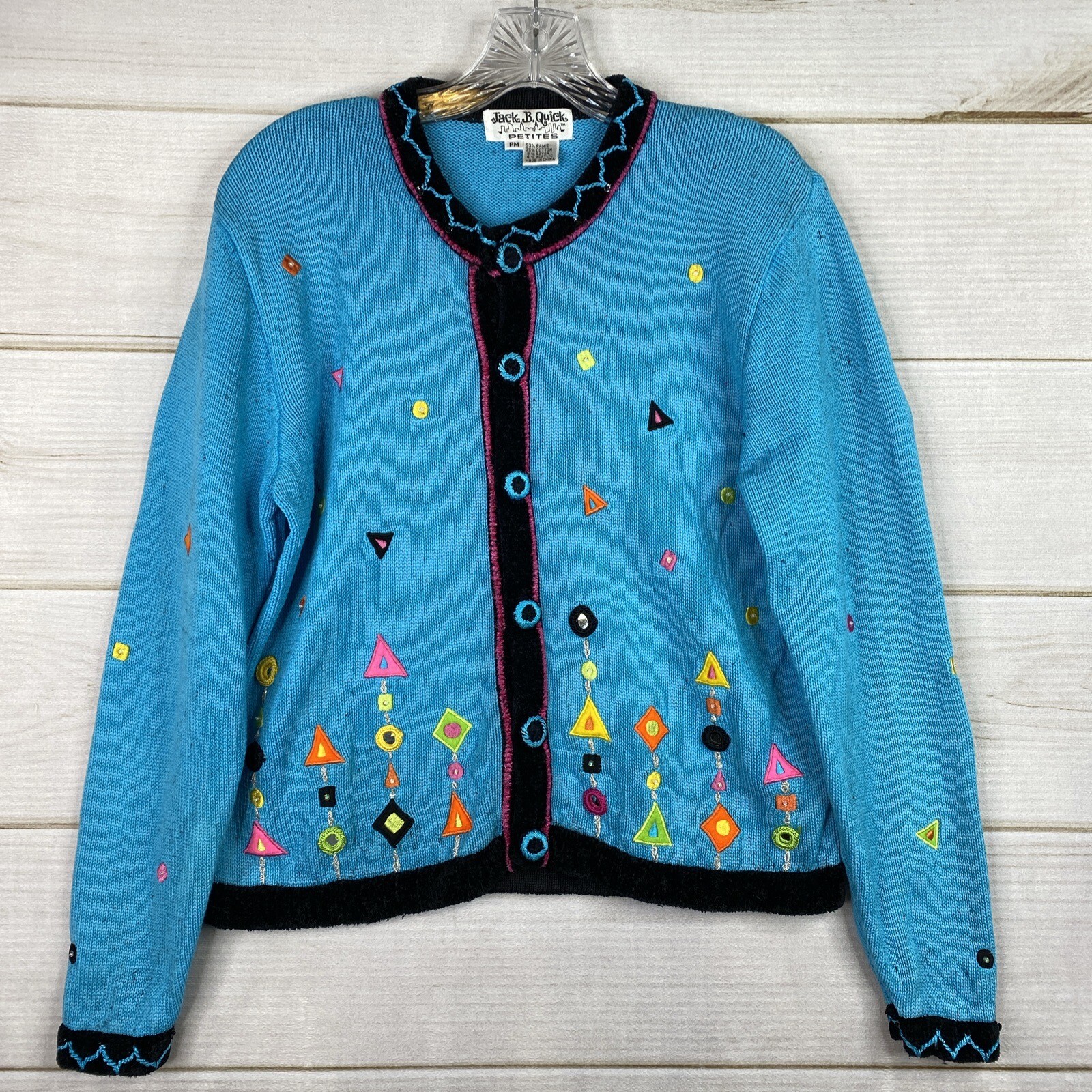 VTG 90s Jack B Quick Cardigan Sweater Womens Petite Medium PM Turquoise Sequins
