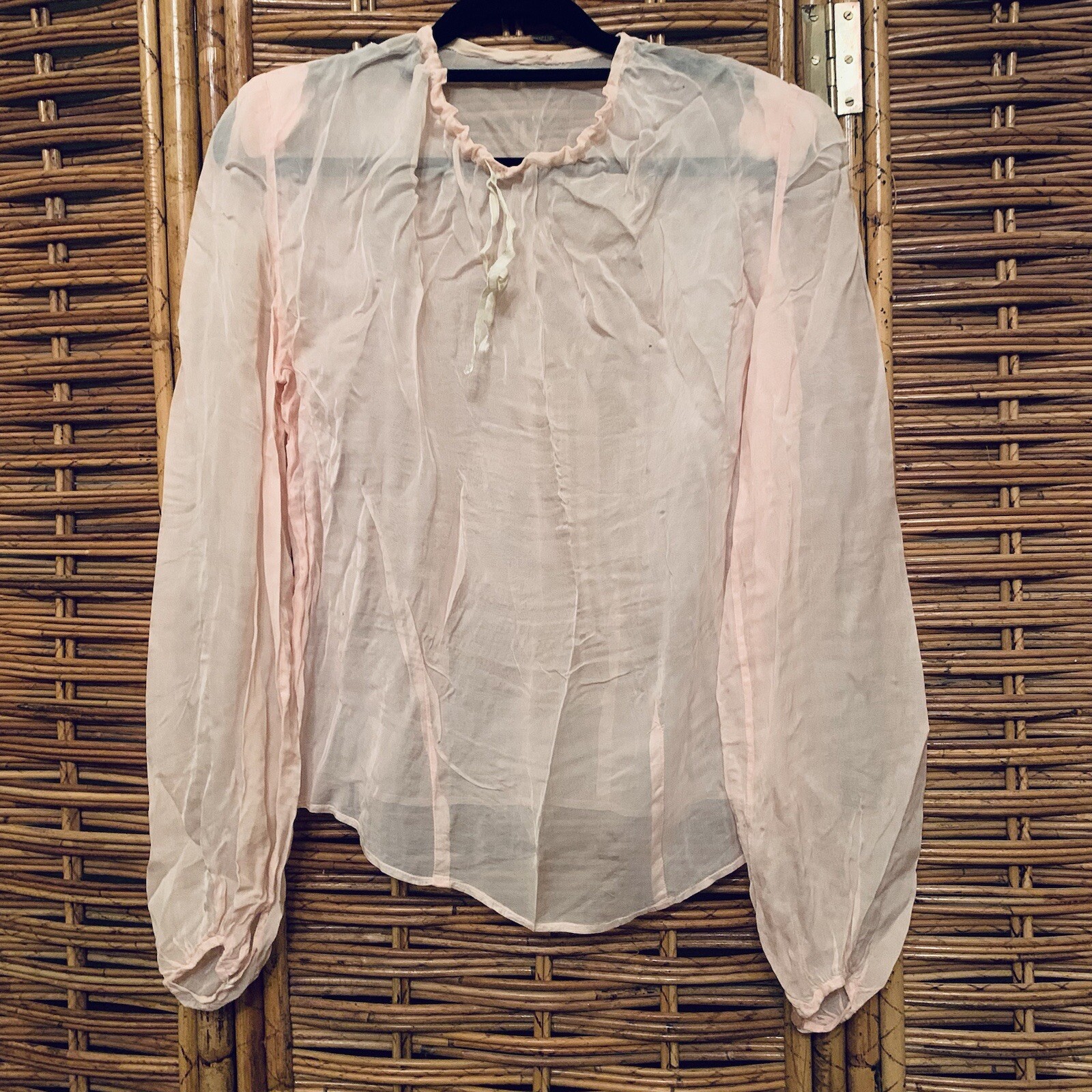 Antique Handmade Pink Blouse With Drawstring Neck & Mother Of Pearl Cuff Buttons
