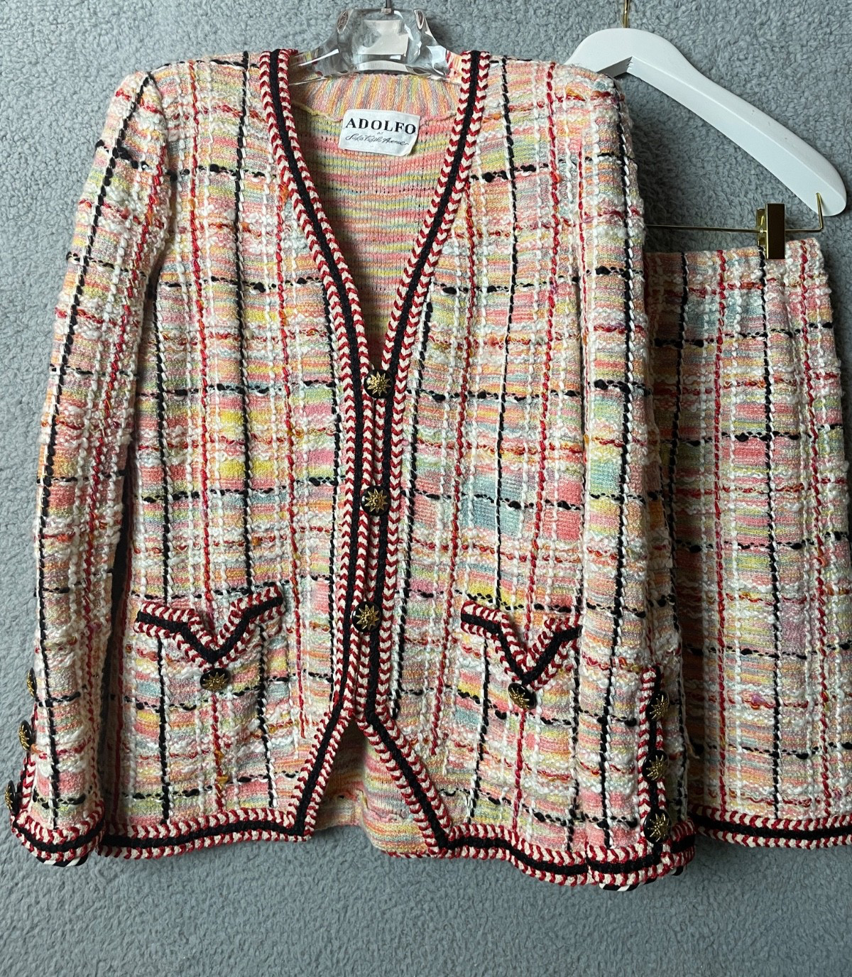 Vintage Adolfo Jacket & Skirt Suit M Pink Red Boucle Starburst Buttons Saks