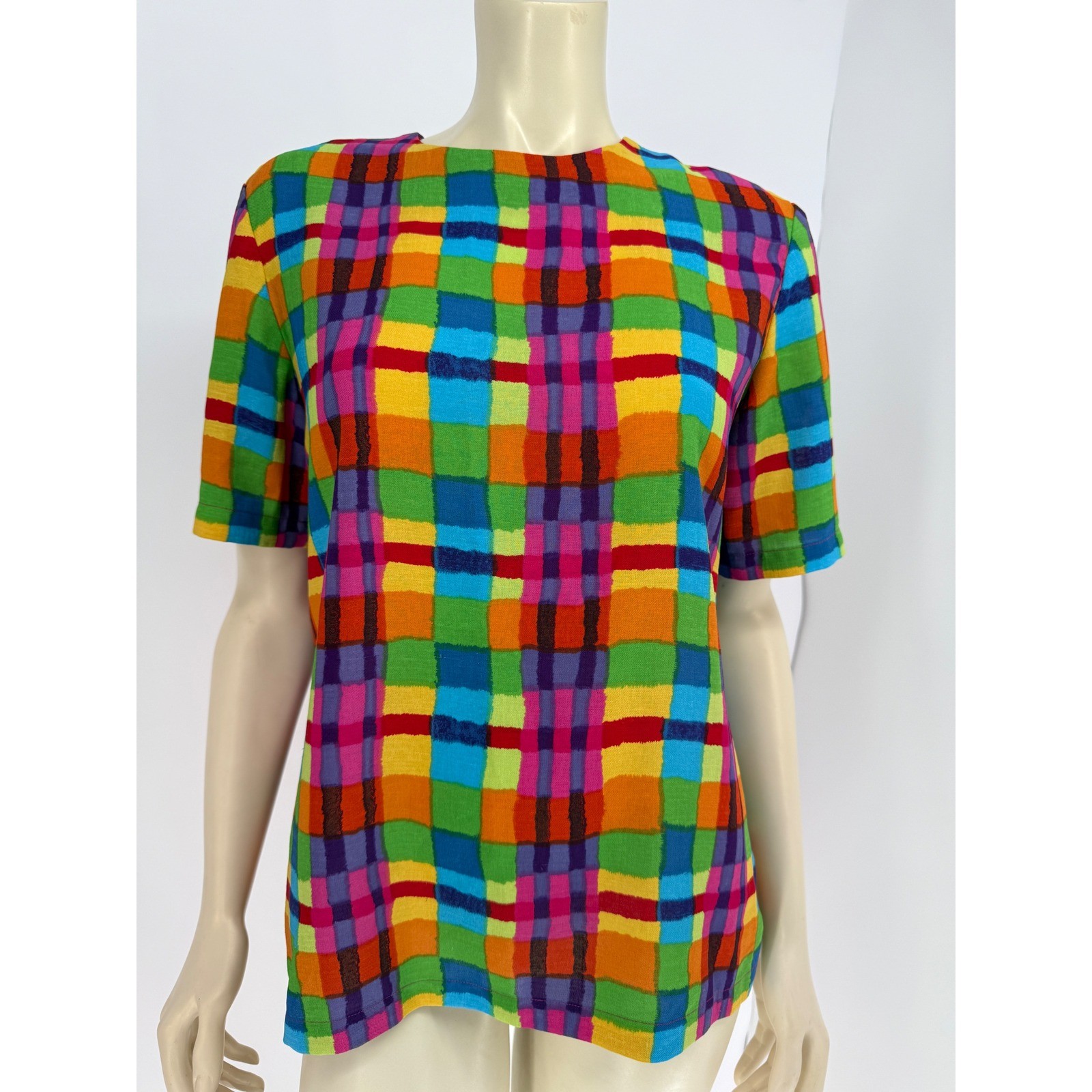 Vintage Patchington Rainbow Plaid Short Sleeve Blouse Womens Multicolor Top