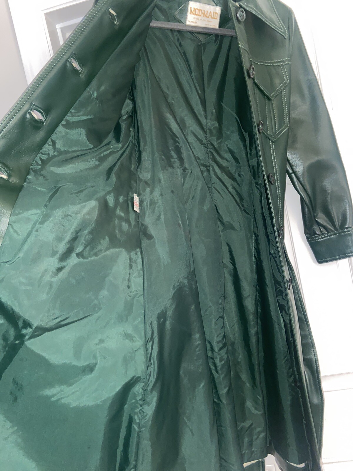 Mod Maid Vintage Pleather Green Long Belted Jacket Coat RARE Womens Size 8