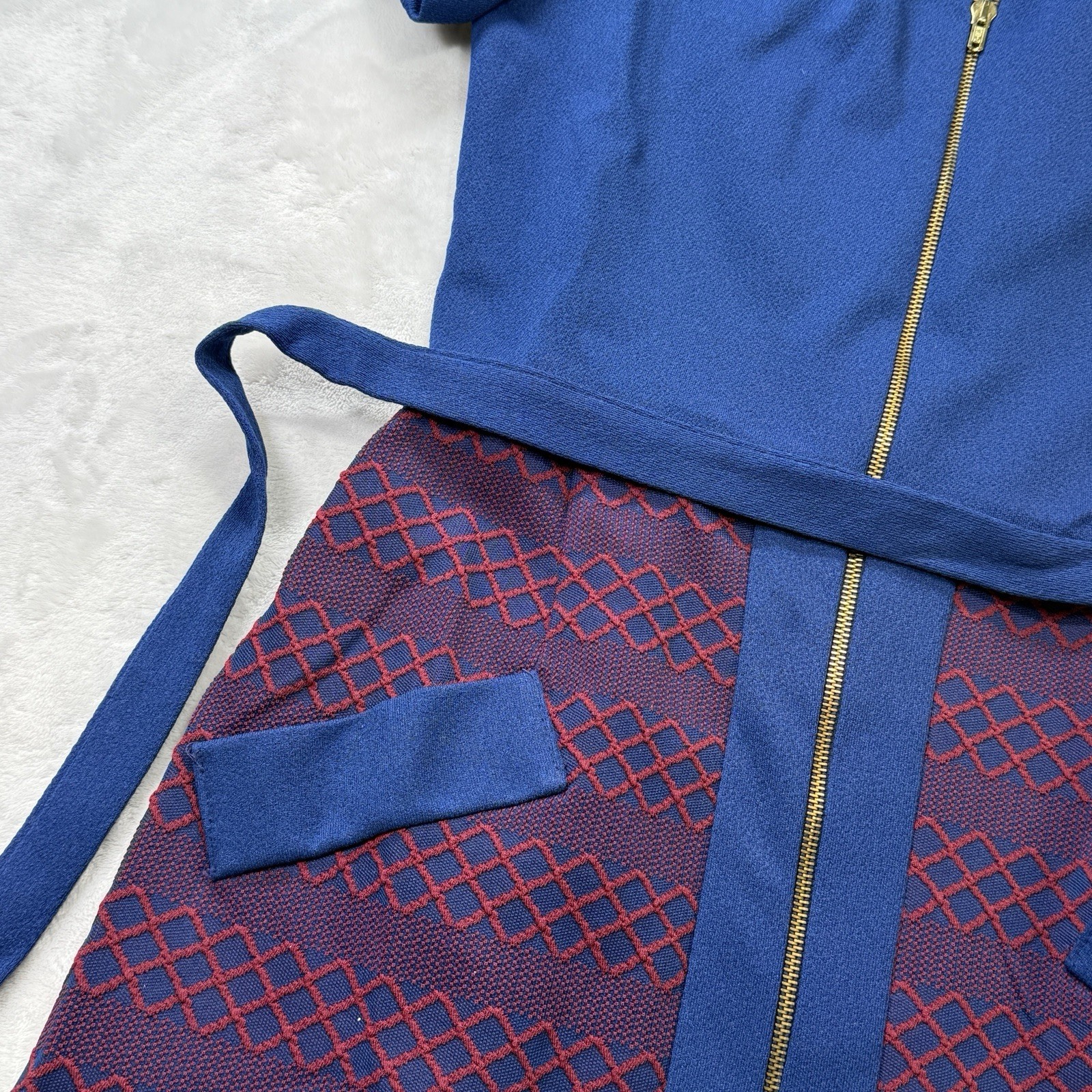 Vintage 60s 70s Grays Landing Mod Zip Front Dress Blue Purple 12P Mid Century