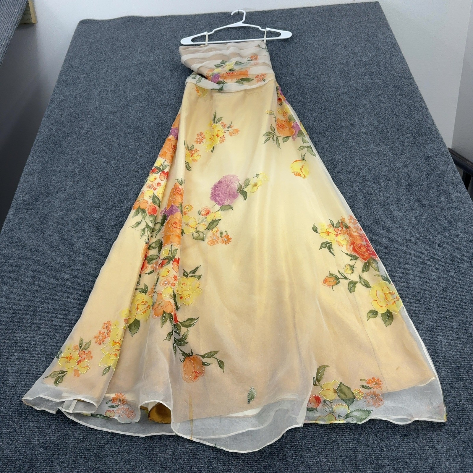 Vintage Jovani Dress Womens 8 Yellow Silk Floral Beaded Strapless Gown Formal
