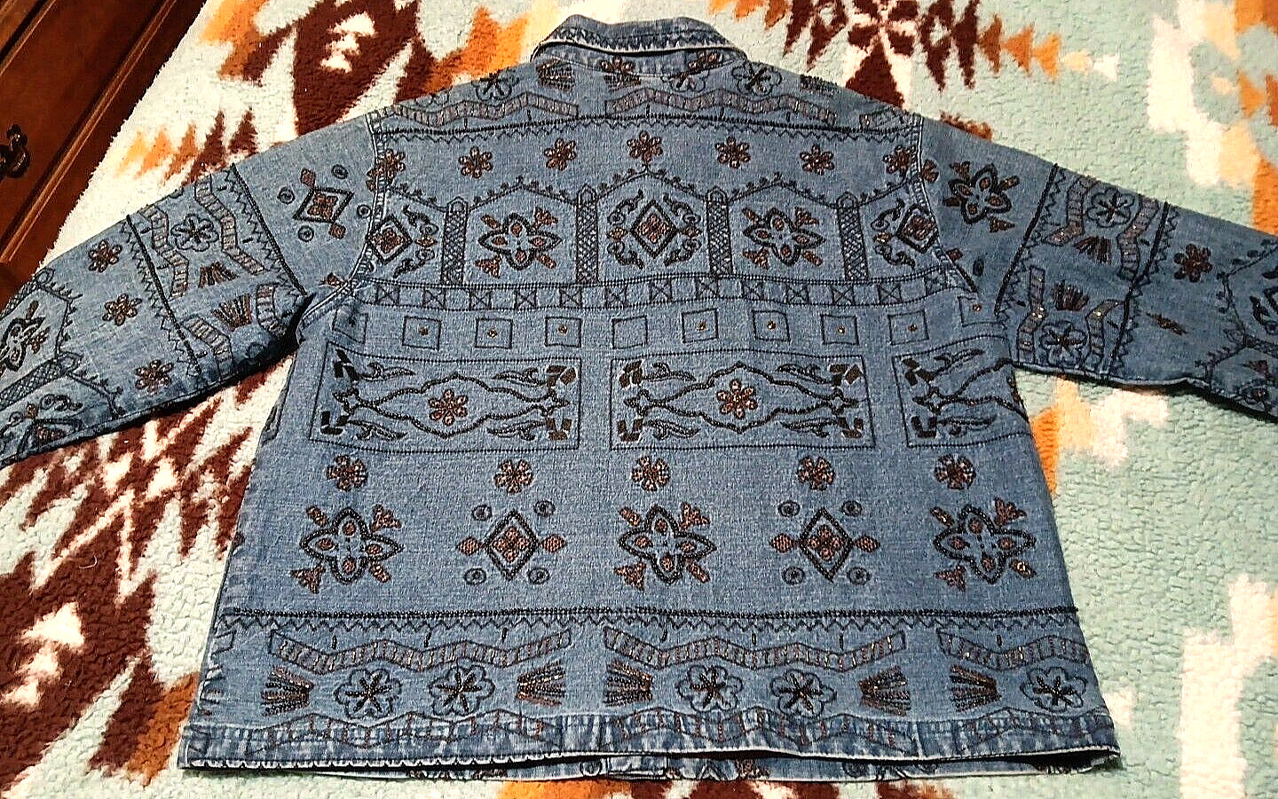 Vtg Chico’s Design BOHO Denim Beaded Jacket SILK Lined Hand-beaded Sz LG