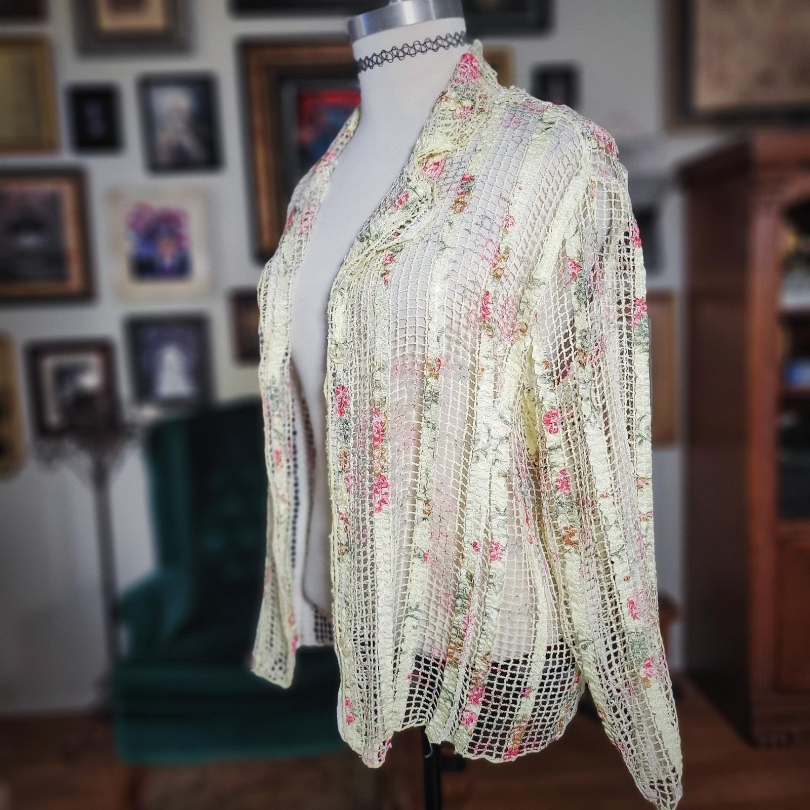 Demisienne Lace Cardigan Vintage Y2K Floral Mesh Sheer Jacket Yellow Boho Large