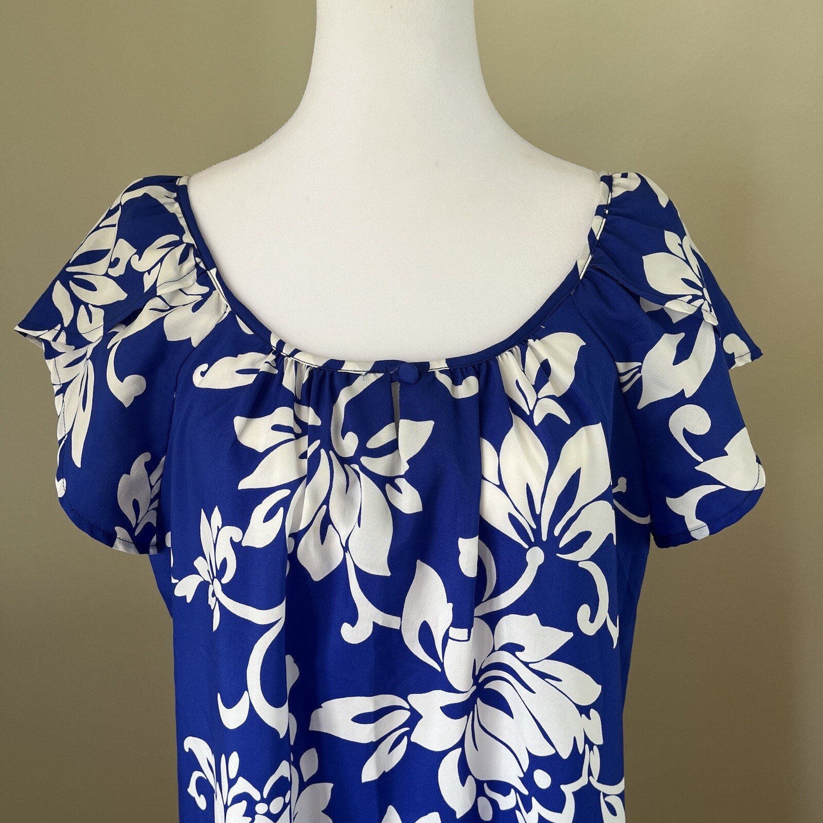 Vintage 60s Andrade Womens Hawaiian Midi Dress Classic Florals Blue White