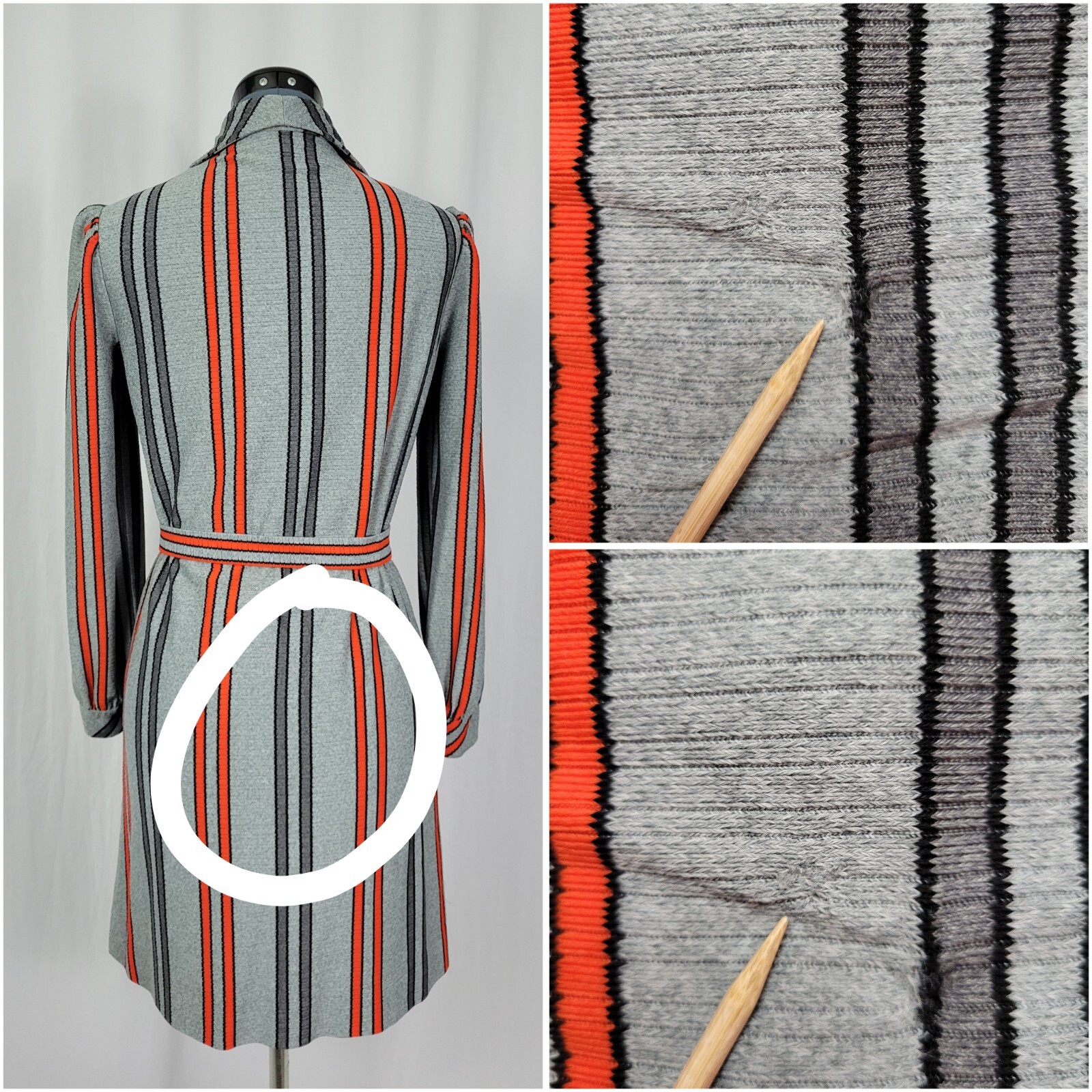 Vtg Grey Button Down Dress w Dark Grey & Orange Stripes & Tie Belt Size M?