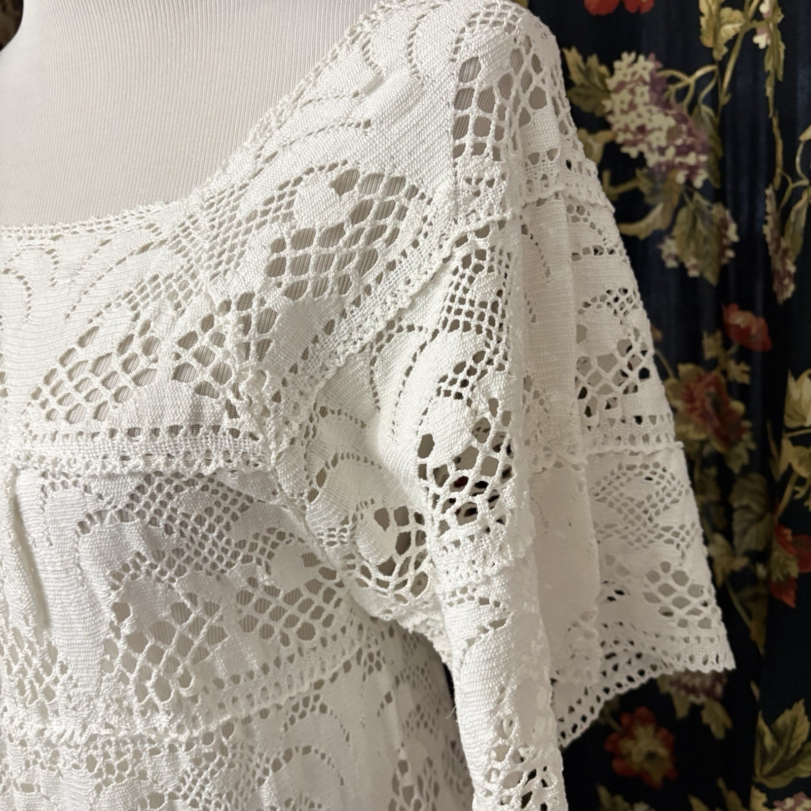 VTG Crocheted Lace Dress Boho Women’s White Lace Maxi Festival Cottagecore Sz S
