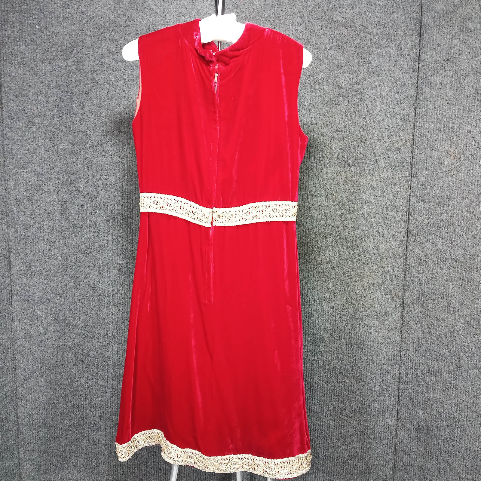 1950s Vintage Dress in Red Velvet Regal with Gold Lame Braid Detail