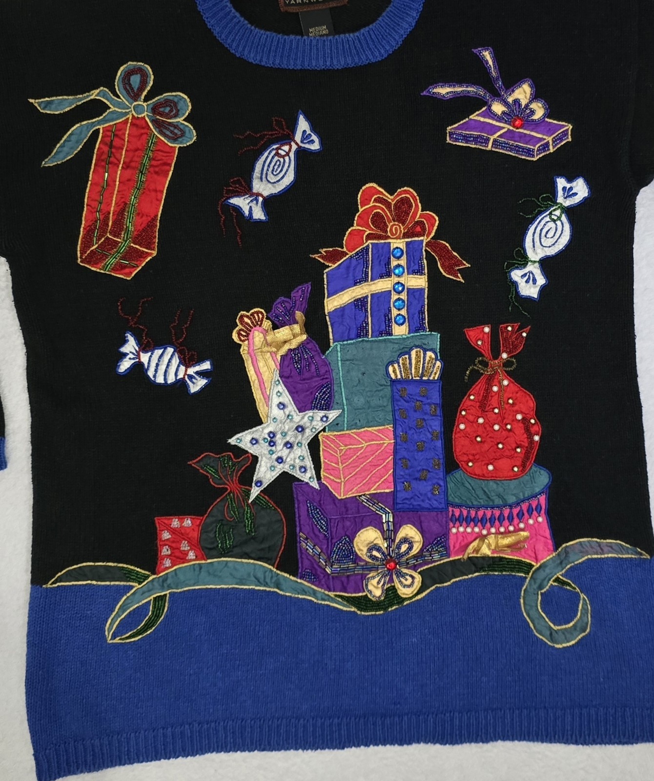 Vtg. Yarnworks Ugly Christmas Sweater Presents Candy Embroidery Beads, Medium