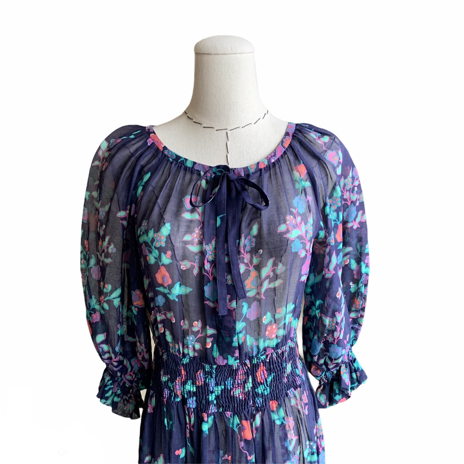 Vintage 70s Ted Lapidus Boutique Floral Day Dress Puff Sleeve Peasant Boho Sm