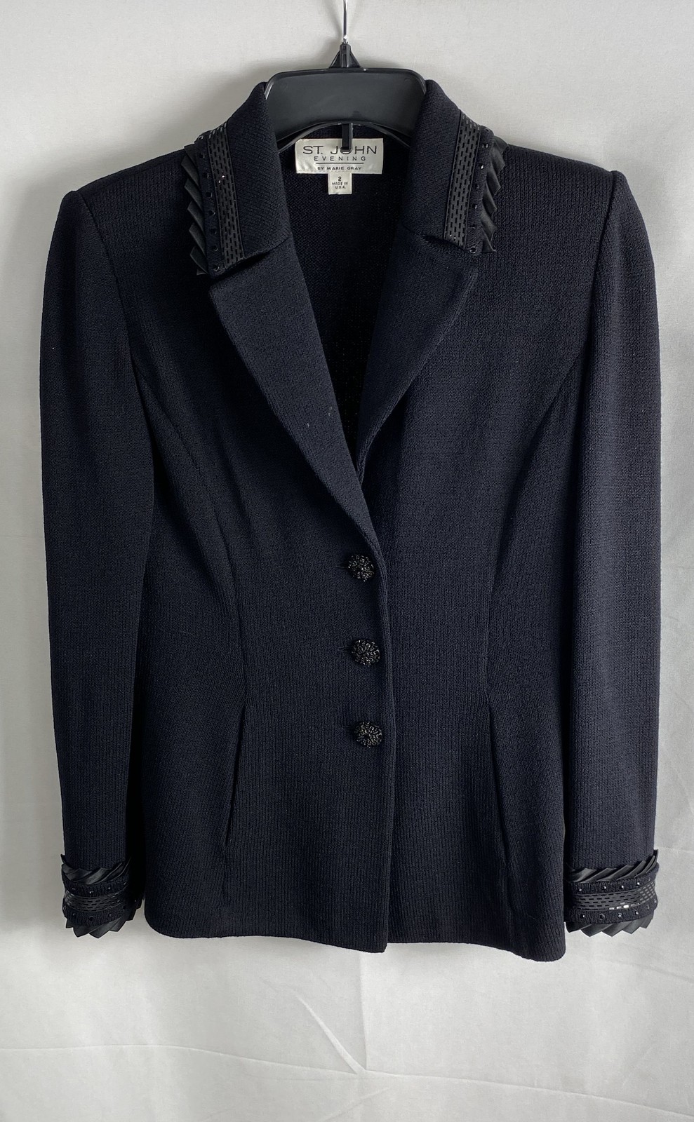 Vintage 90s St. John Evening Women’s Black Beaded Santana Knit Blazer Jacket 2