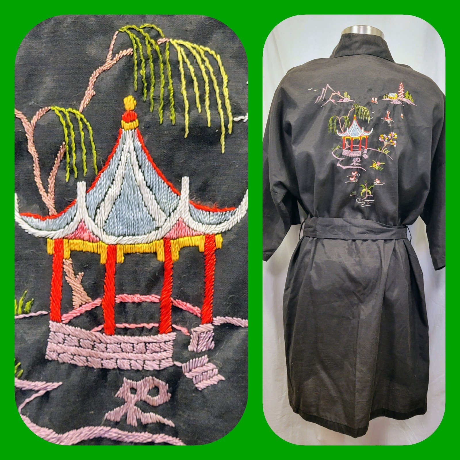 OOAK! VINTAGE FEDO KIMONO ROBE Black w/Multicolor Embroidery ASIAN Chinese