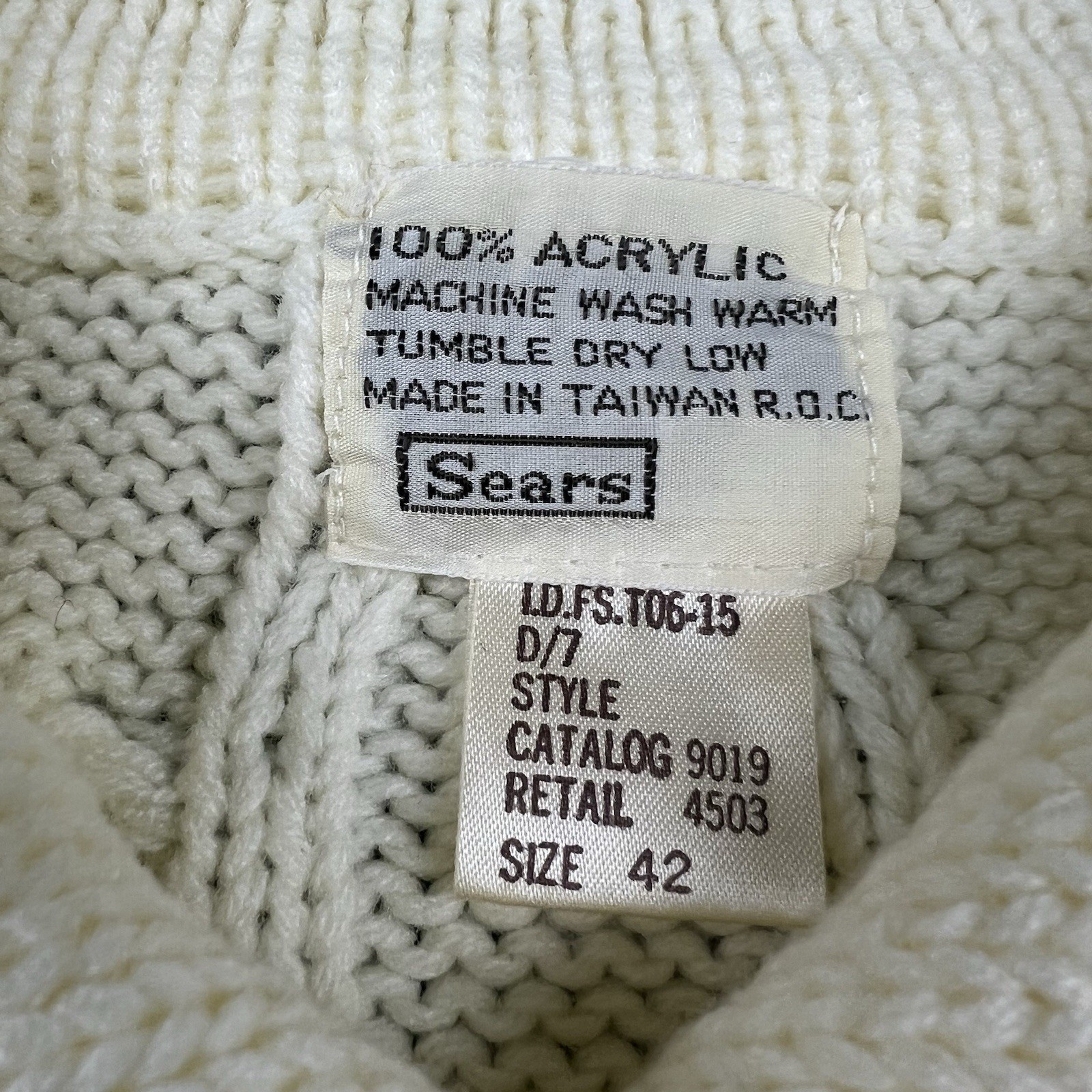 Vintage Sears Ivory Cable-Knit Chunky Fisherman Cardigan Sweater High Neck Sz 42